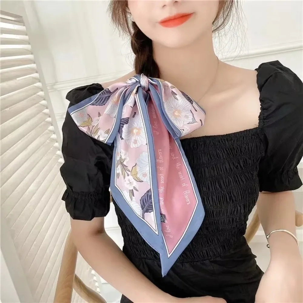 Summer Floral Silk Satin Scarf Narrow Thin Long Tied Hairband Bag Decoration Neckerchief Vacation Headscarf