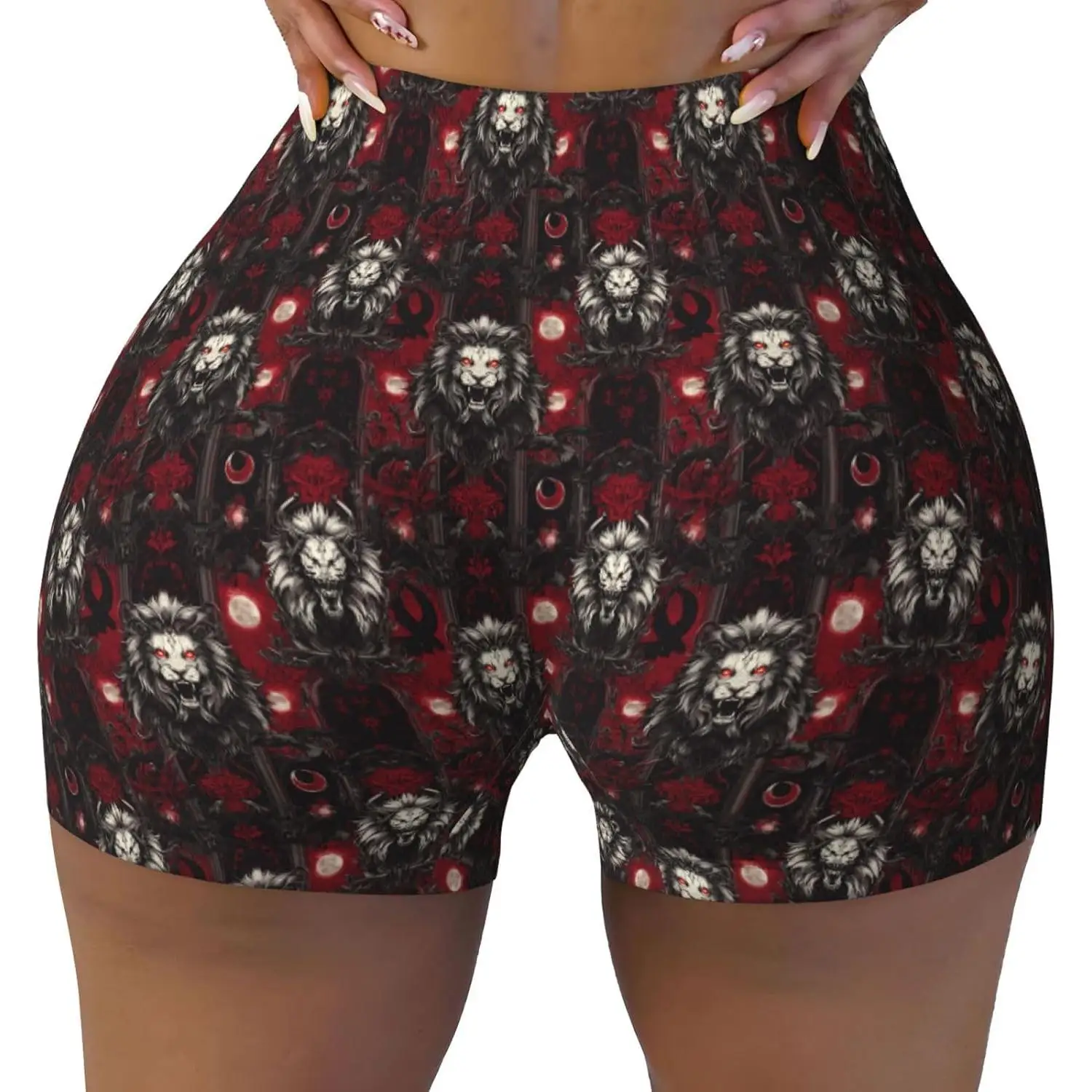 Pantaloncini da allenamento senza cuciture da donna con stampa gotica del leone oscuro (A) per motociclisti, yoga, corsa, palestra, pantaloncini in spandex per donna