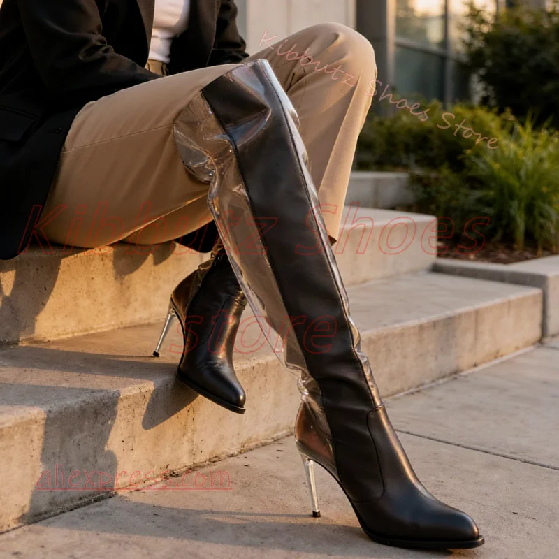 Clear Panel Stiletto Boot Over The Knee Pointed Toe Transparent Patch Y2K Fashion Zipper Slip On Footwear Concise Fashion Sexy