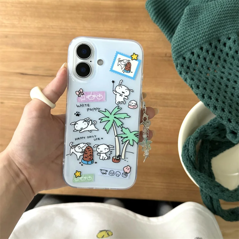 Kawaii الكرتون جرو قضية الهاتف آيفون 16 برو 15 14 13 برو ماكس غطاء مع سلسلة سحر سيليكون للصدمات لطيف حالات 16Pro