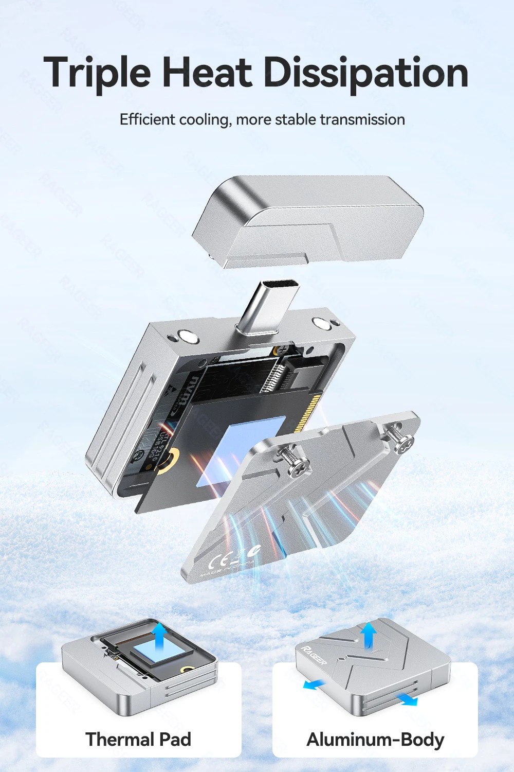 RAGEER 2230 M.2 NVMe SSD Plug-n-Play-Gehäuse - USB 3.2 (10Gbps) Aluminiumgehäuse mit Magnetabdeckung, Typ-C-Anschluss, 9210-Chip – Detail 6