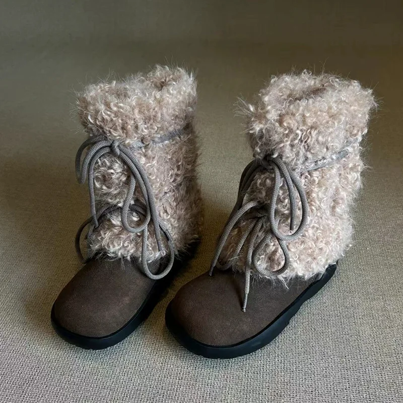 

Fur Women Snow Boots Flats Designer Suede Casual Shoes 2025 Lace Up Sport Cotton Shoes New Brand Cozy Dress Trend Mujer Botas