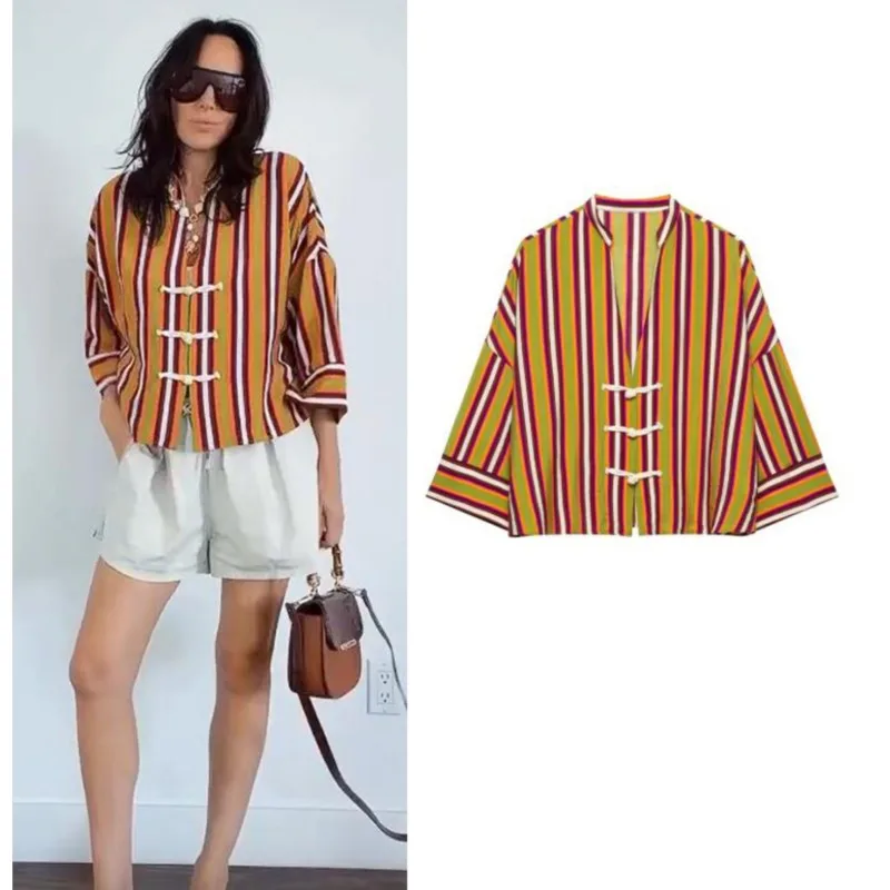HipSeam Women's Striped Shirt with Frog Fastening New 2026 Summer Casual V-Neck Wide Sleeve Blouses Female Loose Holiday Tops