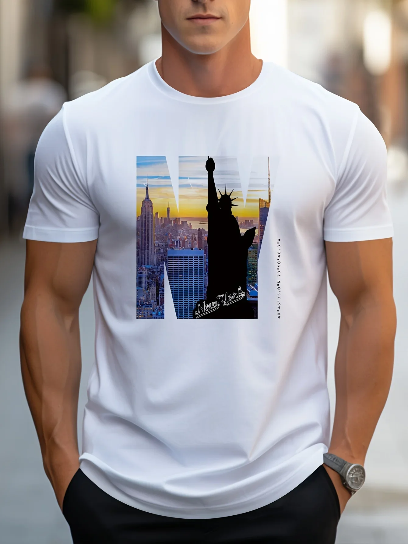 

Men's 100% pure cotton summer loose fit large size NY Graphic print casual slim fit round neck short sleeved T-shirt top