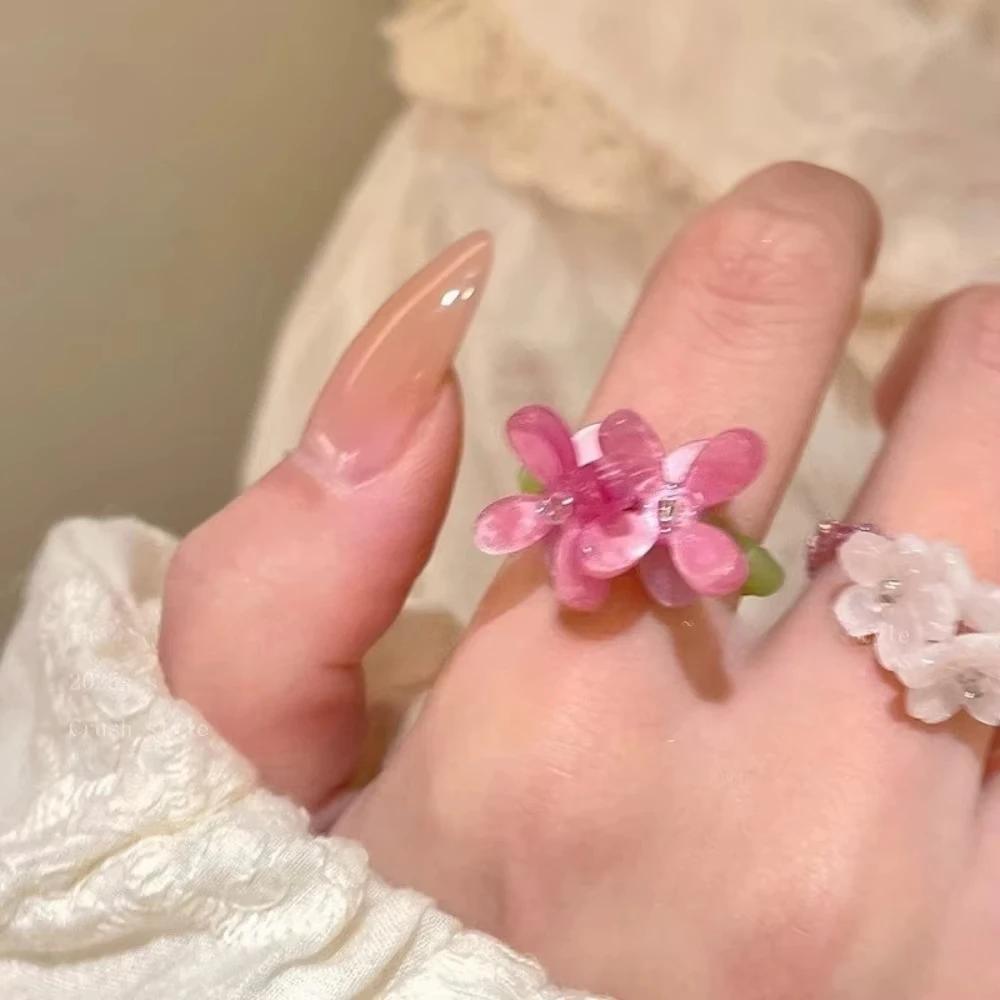 FTCY 2PCS Summer Elastic Beaded Flower Rings For Women Violet Flower  Acrylic Finger Ring Fashion Jewelry Gift