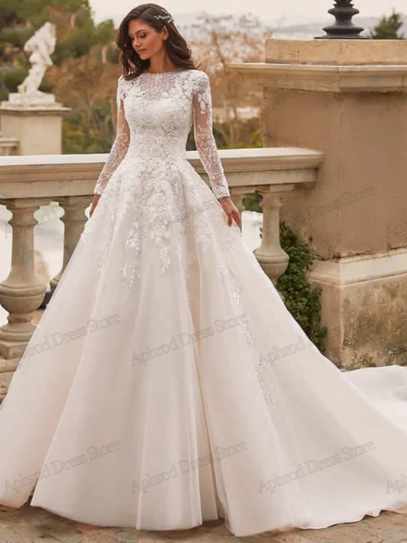 Abiti da sposa modesti maniche lunghe o-collo abiti da sposa Appliques di pizzo abiti lunghi fino al pavimento per spose abiti glamour De Novia