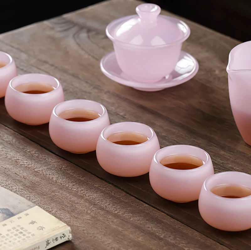 Hibiscus Jade Porcelain Teacup Pink Glazed Jade Kung Fu Tea Set Chinese Retro Style Tea Cup Entertain Guests Home Tea Set Gift