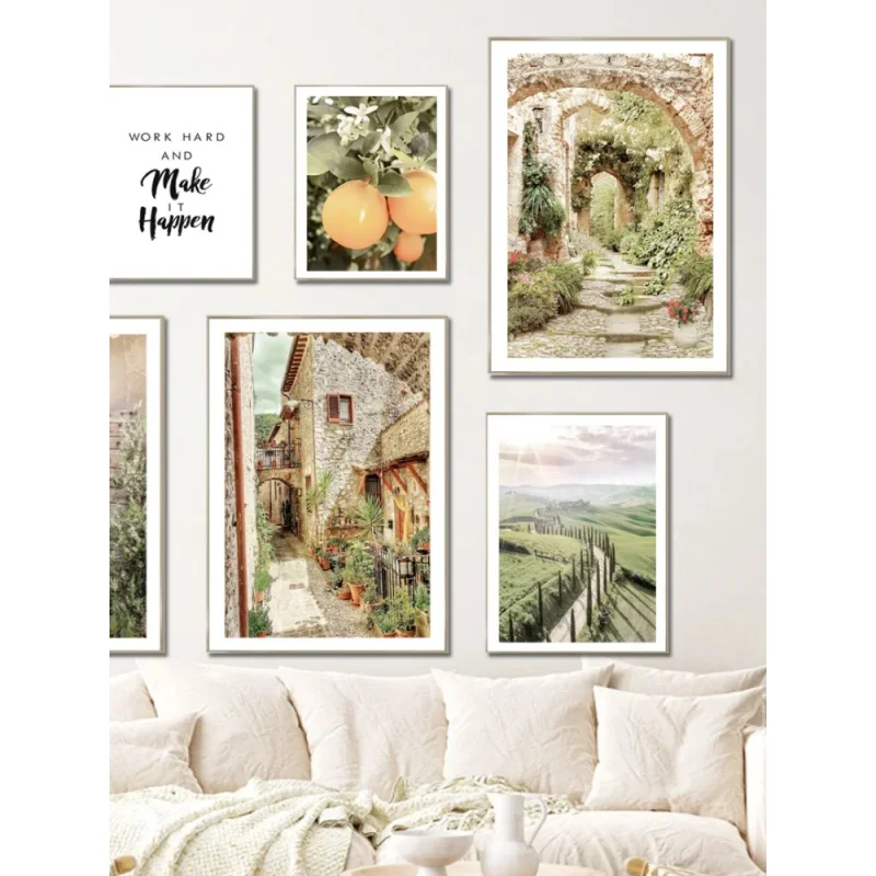 1PC frameless decorative art print,Painting Print Wall Picture Living Room Decor Italy Tuscany Small Town Mediterranean Country
