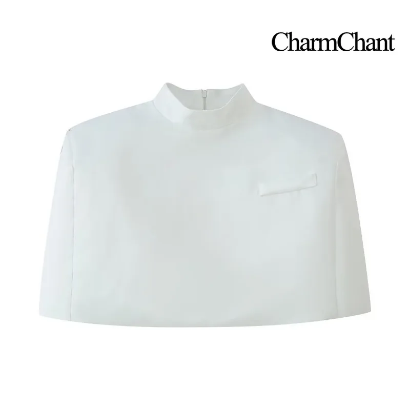 CHARMCHANT Women's High Neck Shoulder Pad Cape Shawl Style Sleeveless Cropped Blazer Back Zipper Crop Top Party Summer 2026