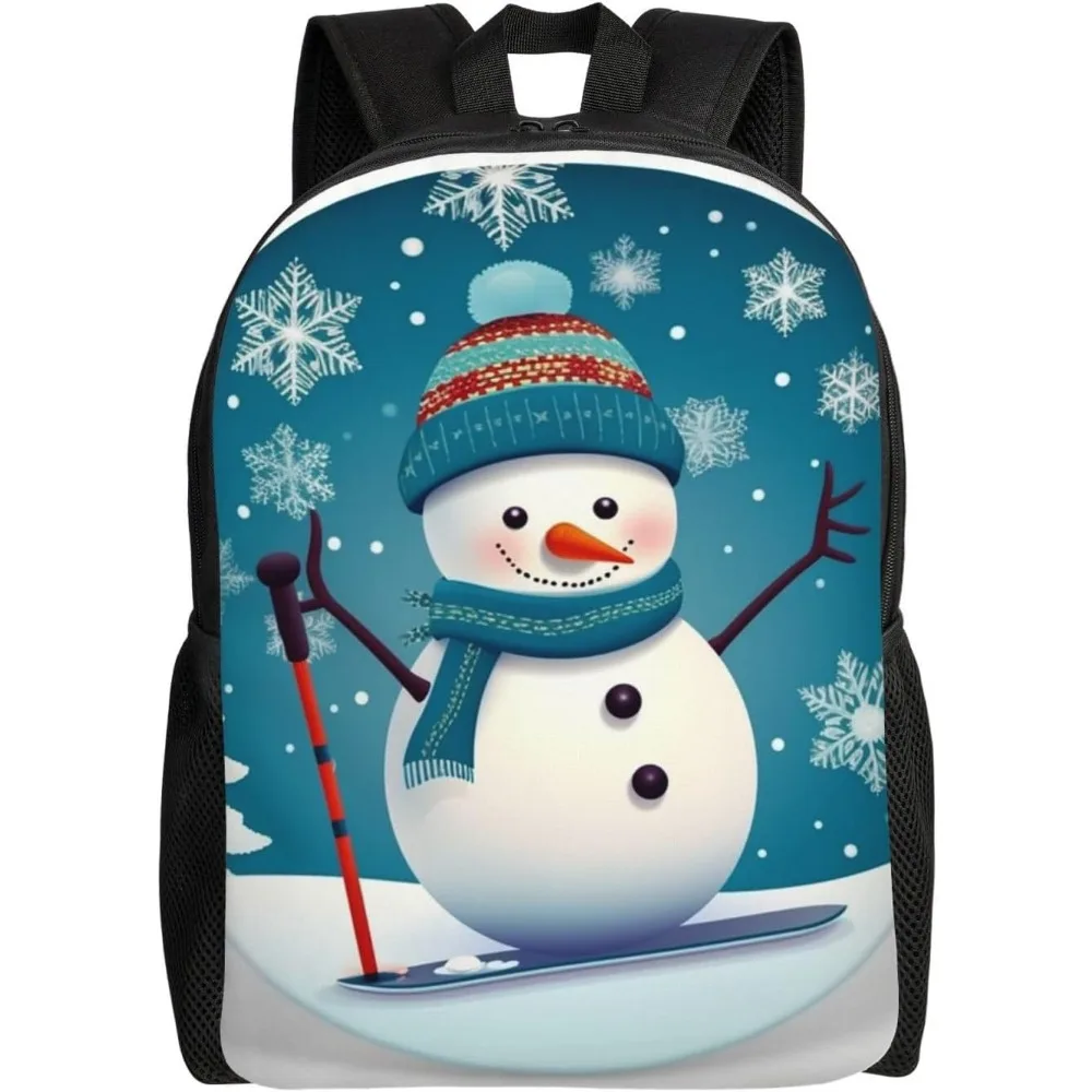 

Lovely Christmas Cartoon Skiing Snowman Snowflake Cute Backpack Waterproof Lightweight Laptop Backpack Shoulder Bag Casual Daypa