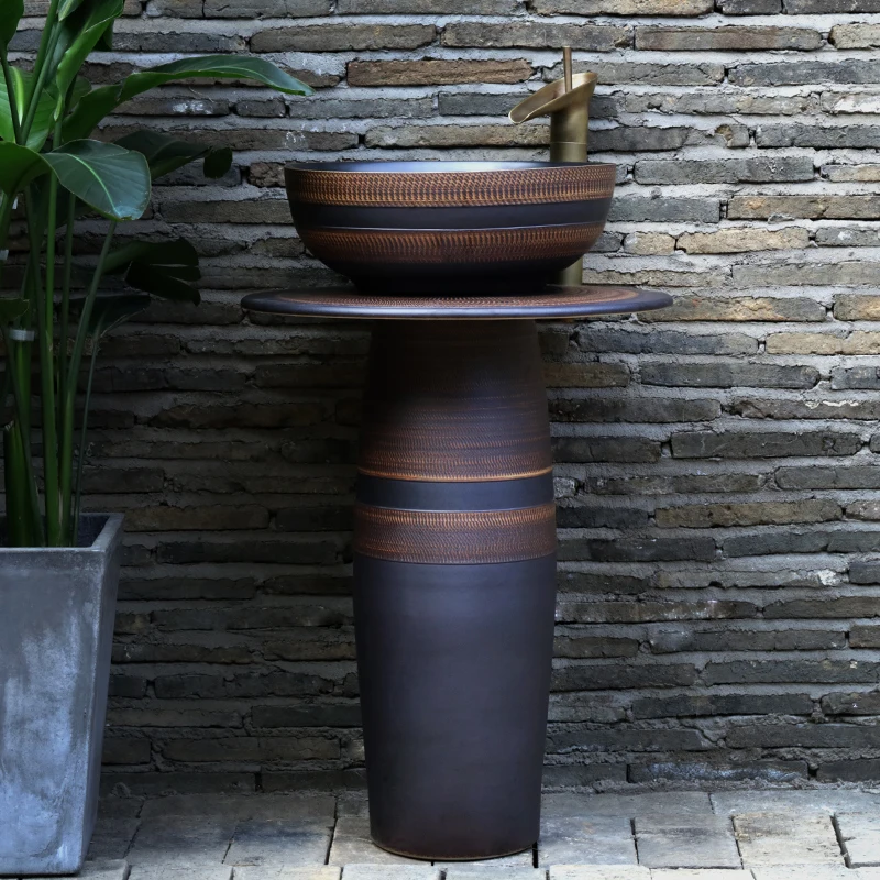 

Retro Chinese Pillar Washbasin Outdoor Integrated Washbasin Courtyard Garden Ceramic Art Column Basin Home Use