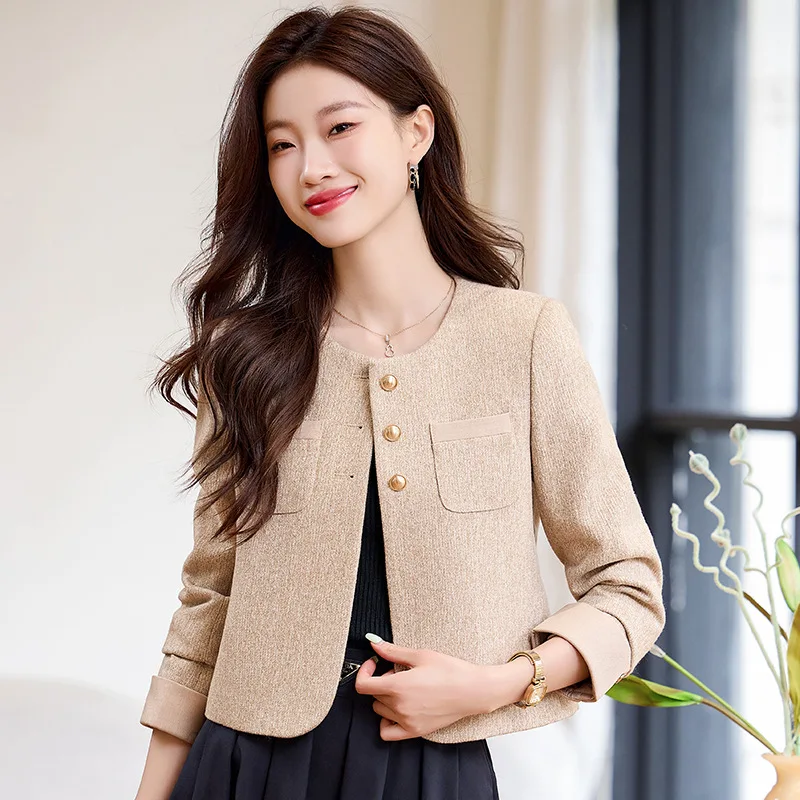 High quality short blazer for women straight shape jacket O neck pocket autumn winter 2025 elegant office clothes brown beige