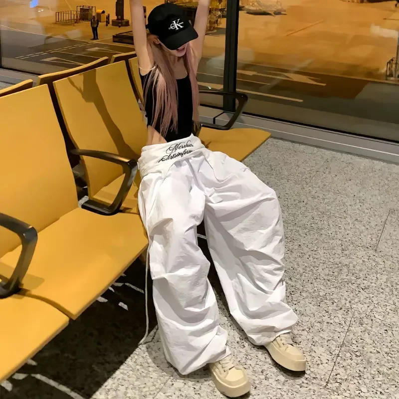 2025 New Y2K White Cargo Pants Women Streetwear Embroidery Baggy Sweatpants Harajuku Wide Leg Joggers Summer Oversized Trousers
