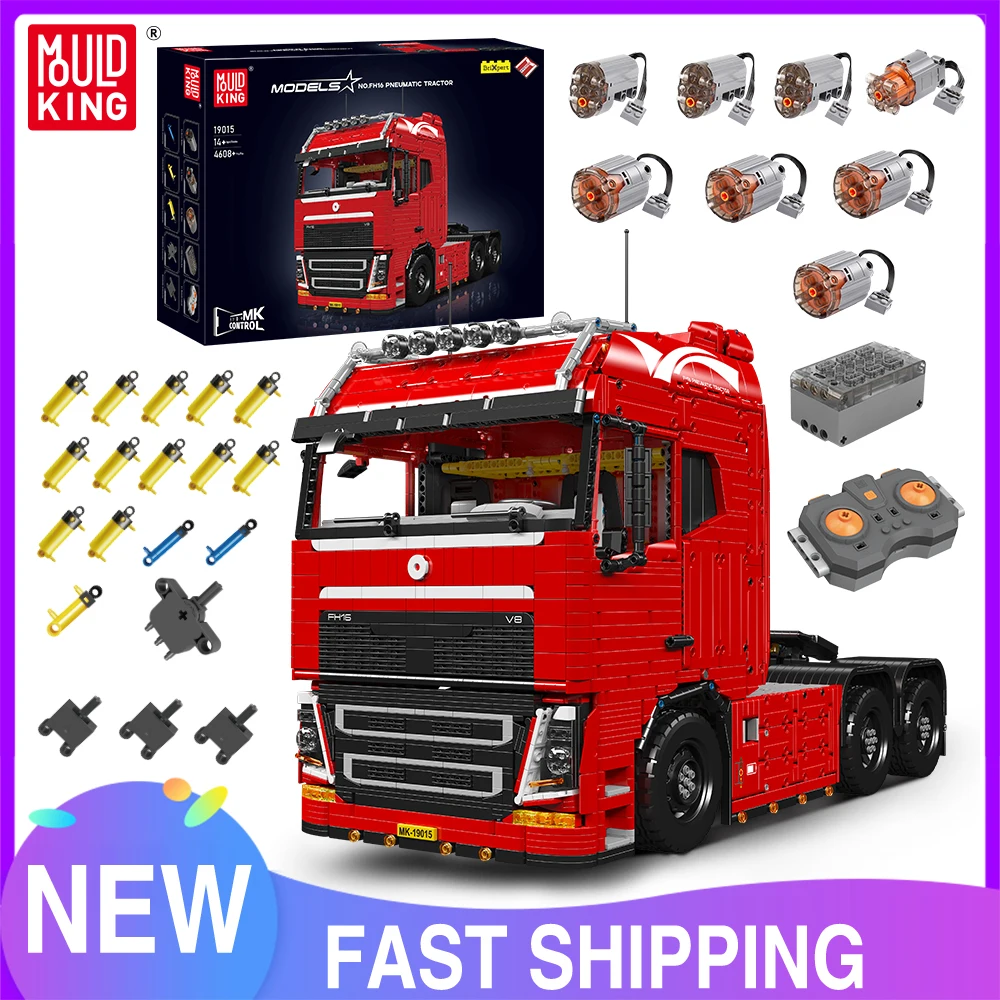 MOULD KING 19015 Technical Car Toys NEW MOC-2475 RC Motorized Tractor Truck and MOC-4814 Trailer Model Building Blocks Kids Gift