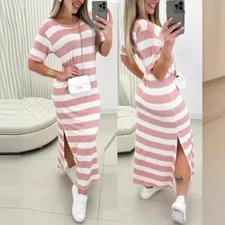 Striped Side Slit Casual Dress Women O Neck Short Sleeve High Waist Ankle Length Dress Summer Slim Fit