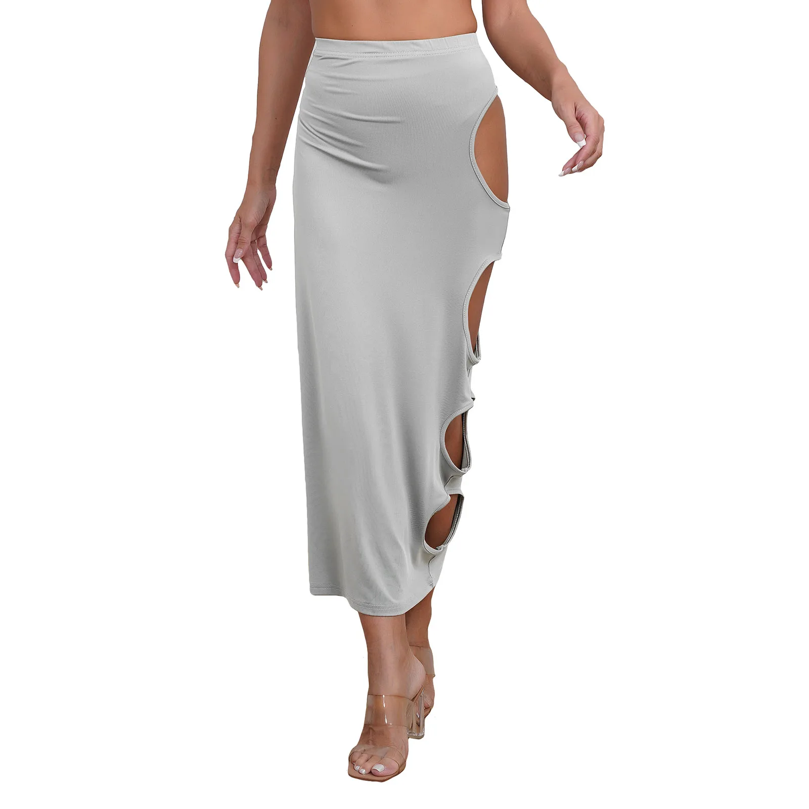 

Womens Tight Maxi Skirt Casual Cut-Out Skirt Elastic Waist Side Round Hollowing Solid Color Hip Wrap Skirt for Casual Vacation