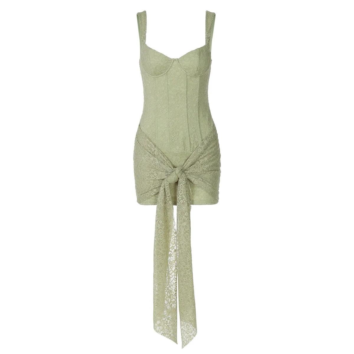 Summer Wedding Guest Dress: Elegant Party Short Lace Sleeveless Dress with V Neckline, Waist Tie and Sheer Lace Panel for