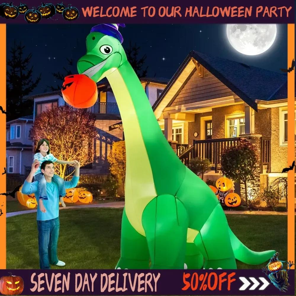 

13Ft Giant Halloween Dinosaur Inflatable Decoration Bite Large Pumpkin with Witch Hat Build-in LED Light Strong Blower Huge Blow