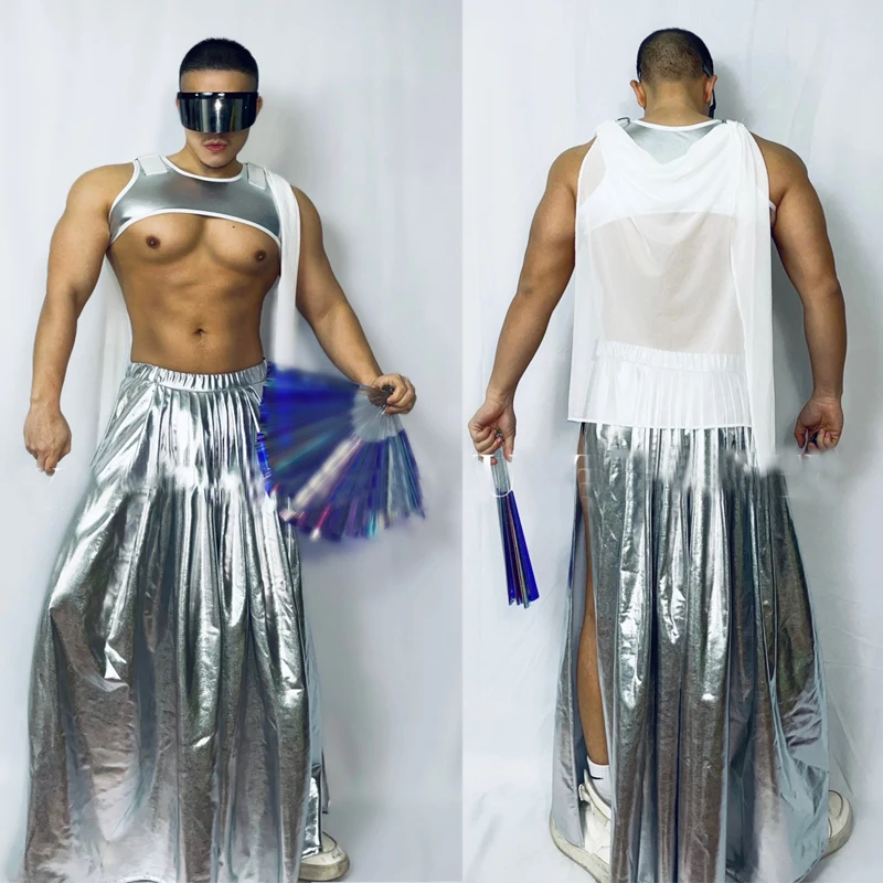 Sexy Silver Laser Vest Long Skirt Men Pole Dance Clothing Stage Performance Dance Costume Rave Outfit Festival Clothes XS3662