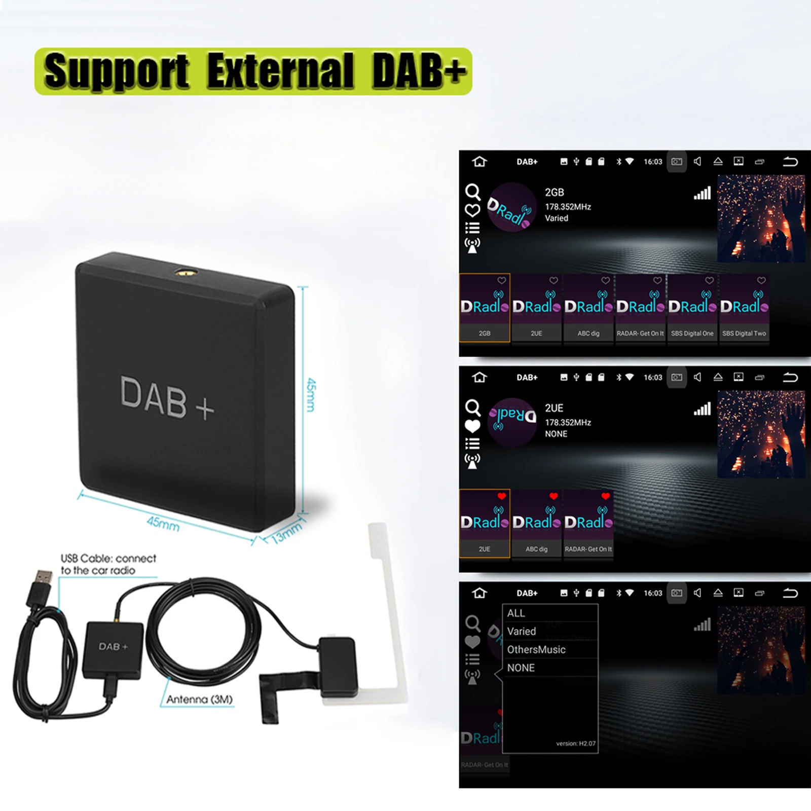 DAB 004 DAB Box Digital Radio Antenna Tuner FM Transmission USB Powered for Car Radio Android 5.1 and Above support DAB function