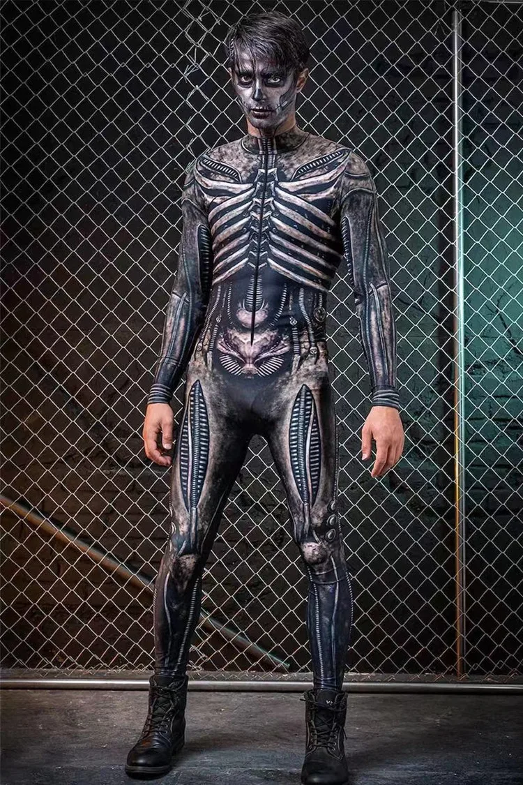 2022 3D Druck Halloween Skeleton Langarm Cosplay Kostüm Body männer Zentai Bodysuit Fitness Outfit Kleidung Erwachsene