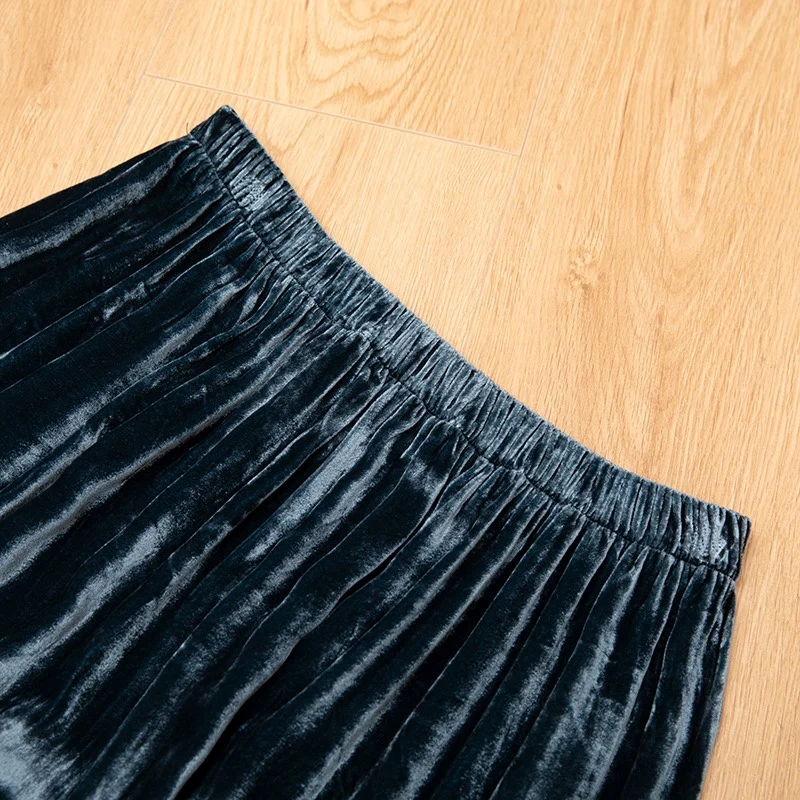 100% Mulberry Silk Lining Women Velvet Silk Midi Skirt Fishtail Line Peacock Blue Elastic Waist Chic Skirts Office Lady QQ010