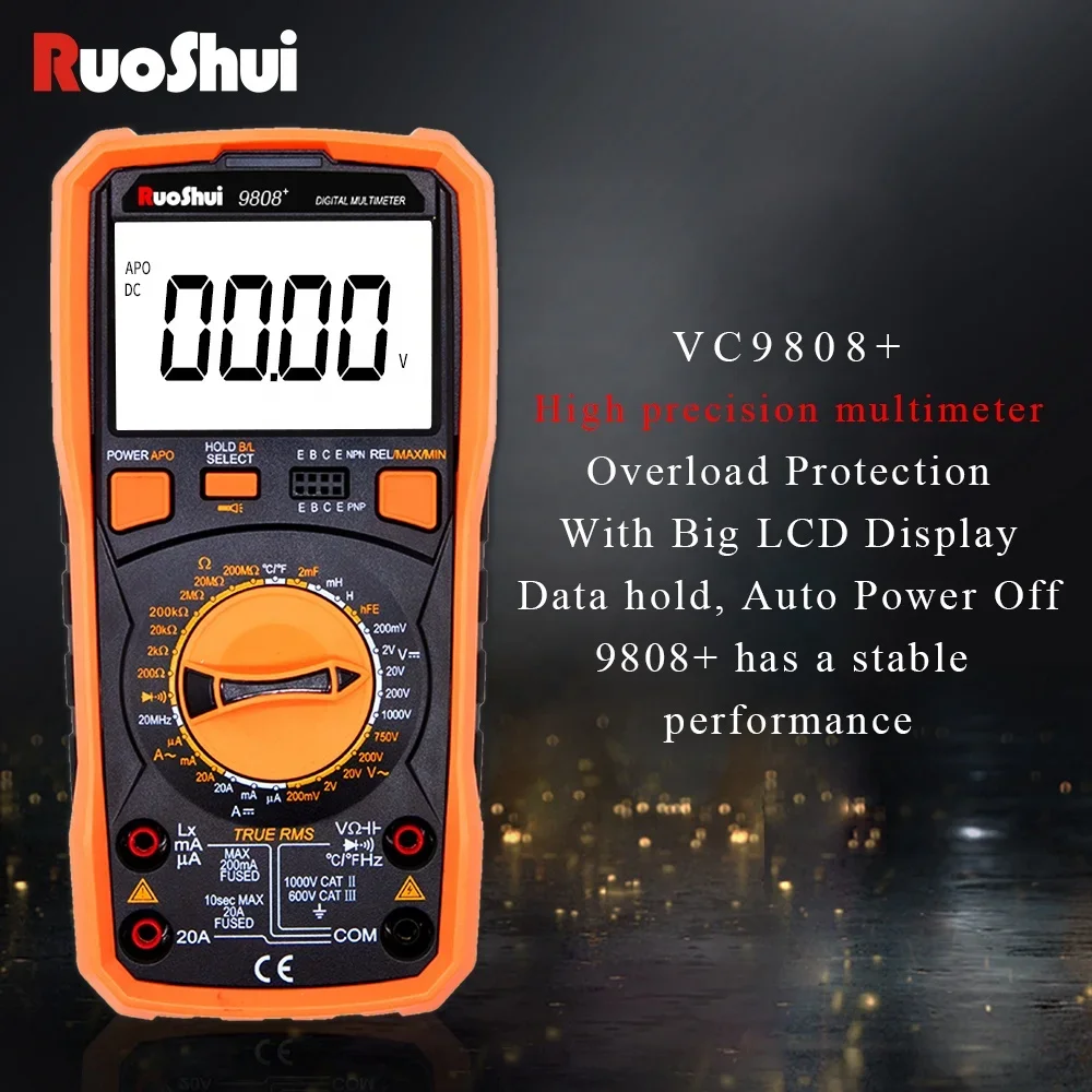 RuoShui 9808+ Digital Multimeter RTS High Precision 2000uF Capacitance Frequency Temperature and Inductance Meter