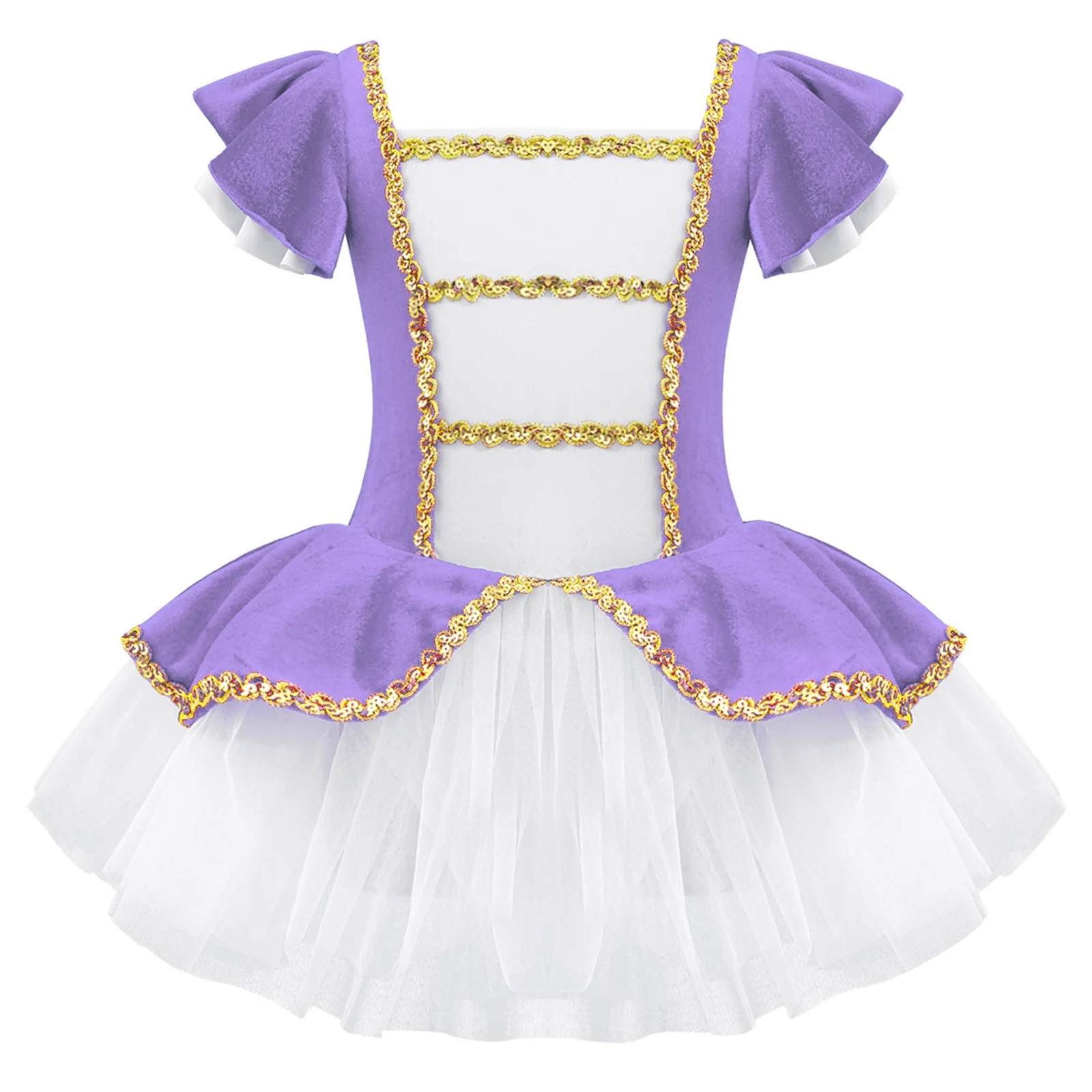 Kids Girls Lyrical Dance Costume Square Neck Sequins Adorned Mesh Patchwork Dance Jumpsuit Yoga Ballroom Ballet Wear