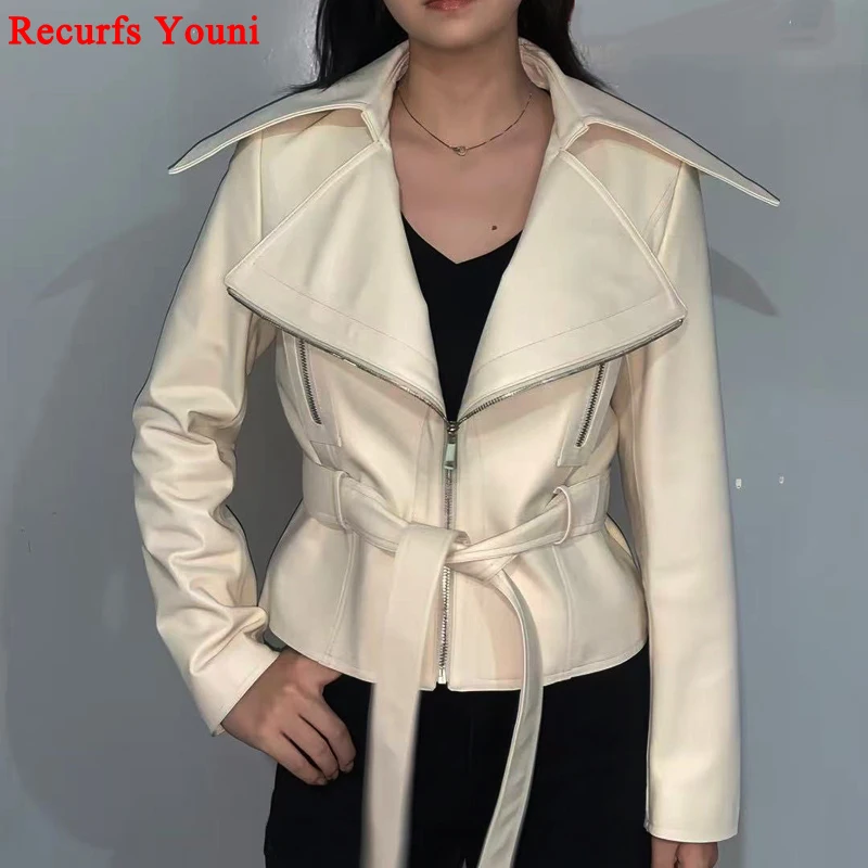 Blouson en cuir 2025 véritable pour femme, manteau court blanc avec ceinture, grand revers, moto, neuf