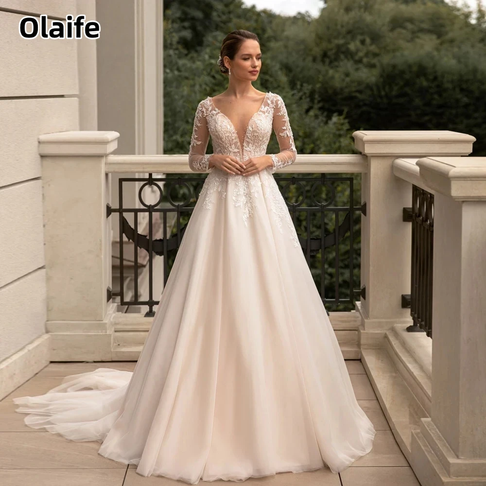 

Olaife Charming Wedding Dresses V-neck Bridal Gowns Sweep Tulle Lace Appliques Long Sleeves Formal Party Vestidos De Novia