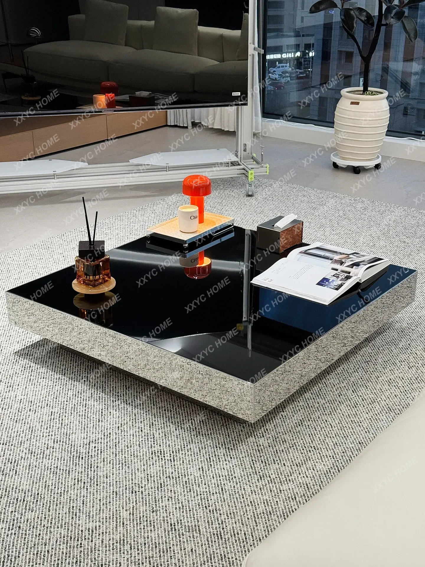 BJ Stainless Steel Mirror Coffee Table Silver Light Luxury Square Tea Table Living Room Hotel High-end
