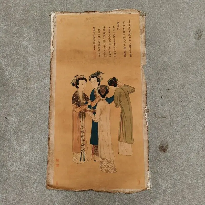 

Old Chinese calligraphy Scroll painting Hand Painted“Tang Yin four beauty" paint