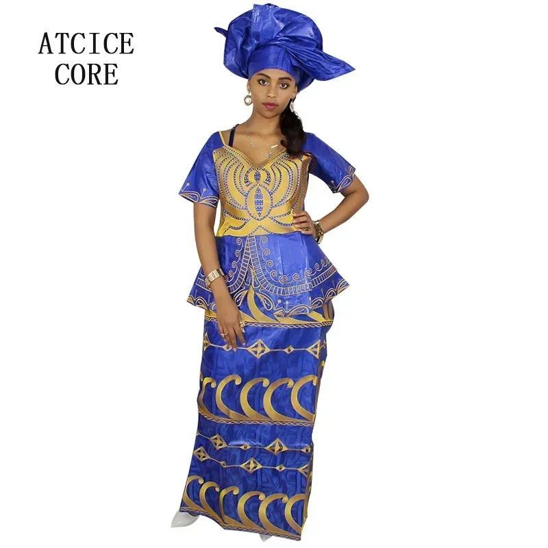 African New Design Bazin Embroidery Dresses Short Rapper With Scarf Three Pcs One Set