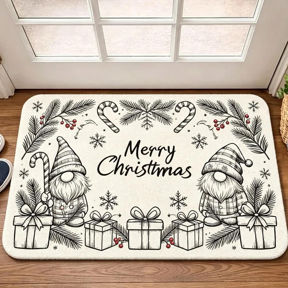 Merry Christmas Gnome Trio Mat Green Background Poinsettia Snowflake Print Non Slip Soft Carpet For Holiday Front Porch Decor