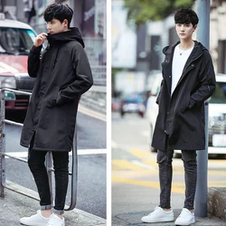 Long Trench Coat Men Fashion Hooded Windbreaker Black Overcoat Casual Jackets Big Size