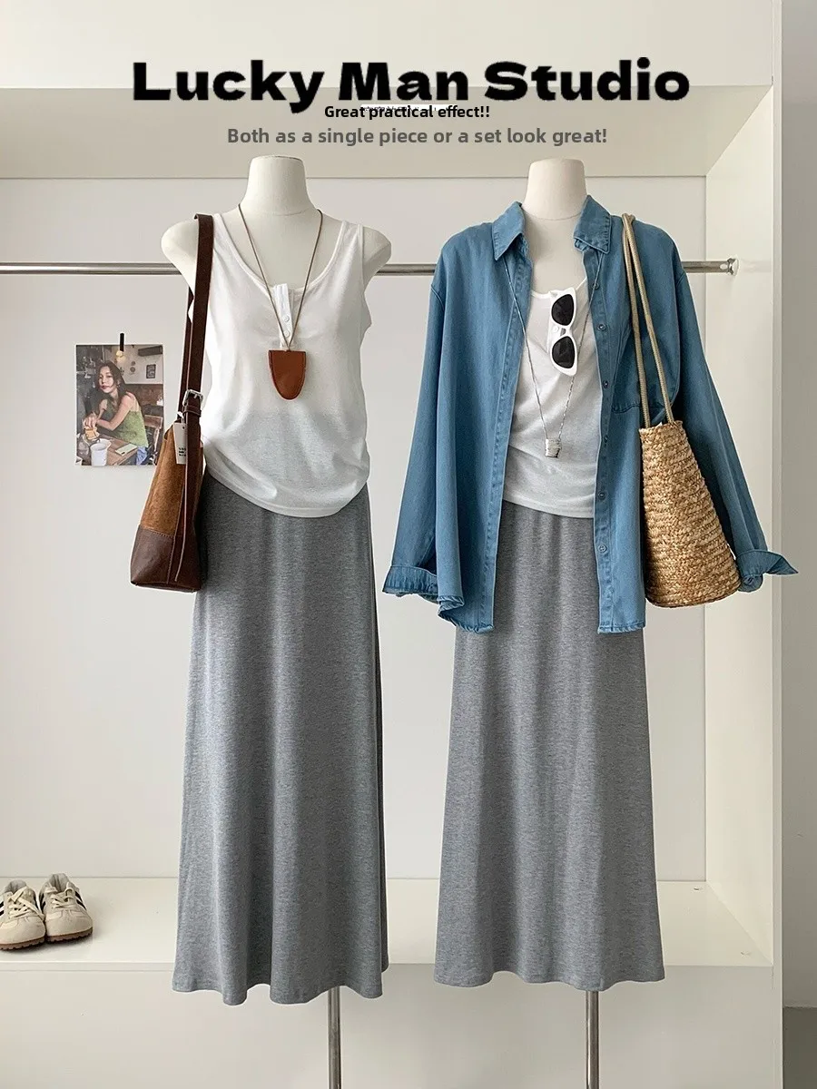 

Luckymann Light Blue Long Sleeve Denim Shirt Set Women's Spring Long Sleeve Blouse Strap Half Skirt Three Piece Set