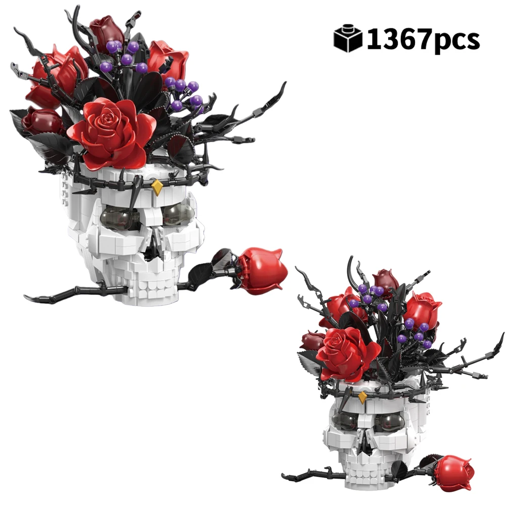 

NEW Creative Gothic Skull with Roses Building Blocks Set Eternal Flower Bouquet DIY Assembly Model Valentines Gift for Women