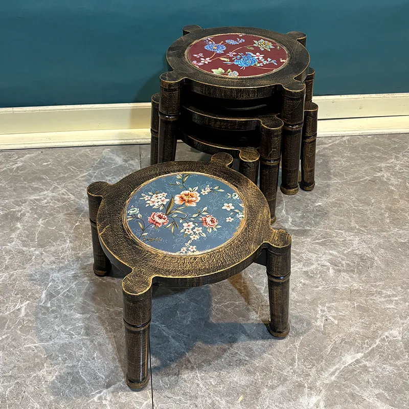 American Style Stacking Stool Creative Round Wooden Ottoman Shoe Changing Bench Side Table for Living Room Home Decor
