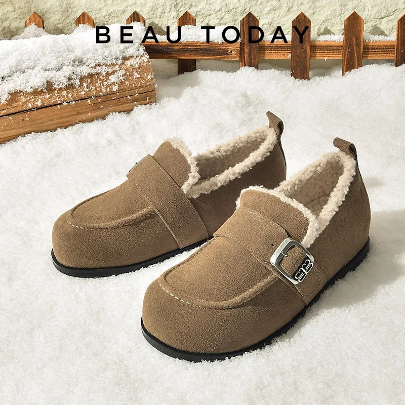 

BEAUTODAY Warm Flats Women Cow Suede Metal Buckle Slip-on Solid Color Round Toe Ladies Shoes Handmade 27846