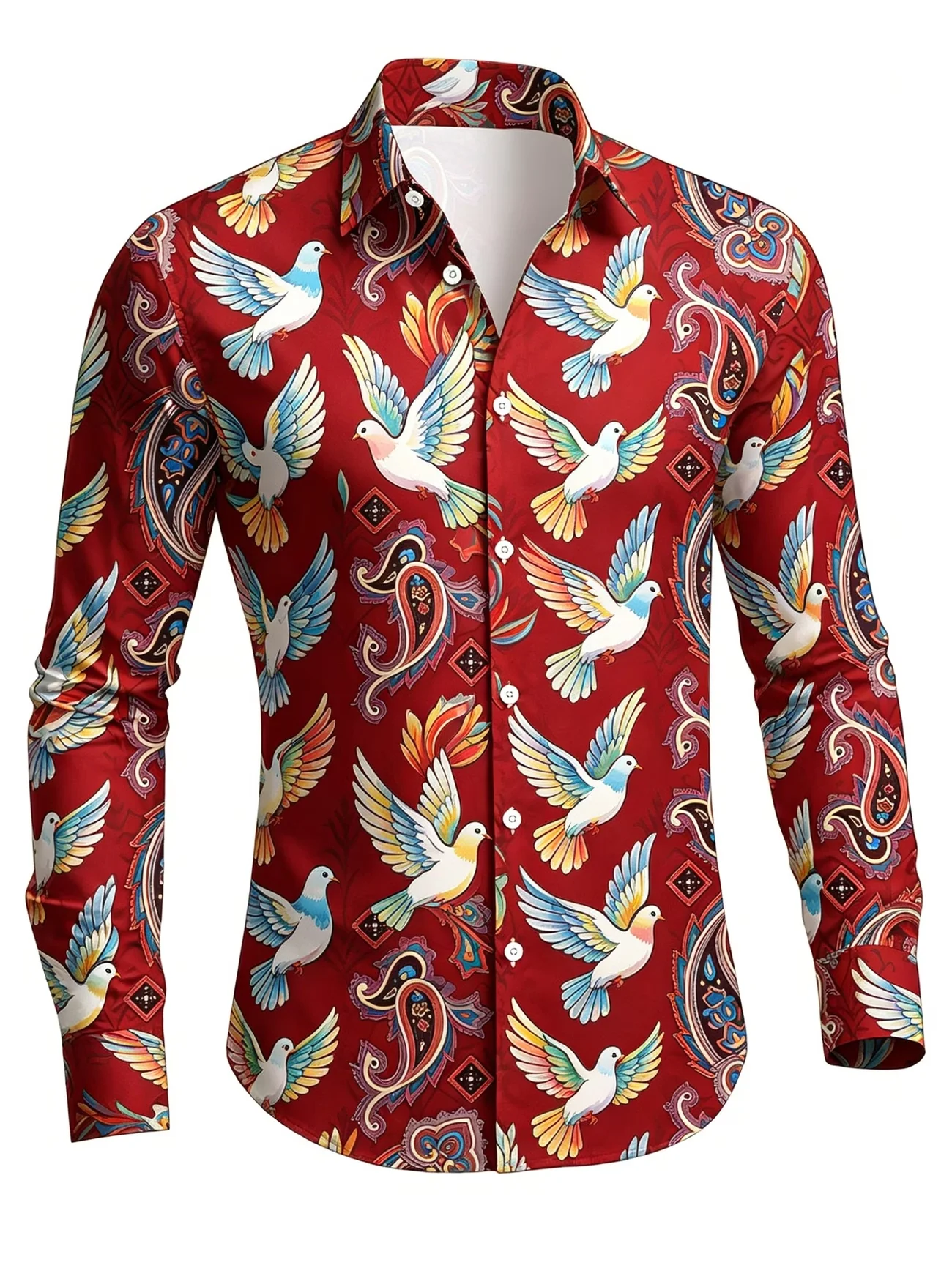 New wine red background rainbow wings retro paisley cashew flower full print men's collar smooth long sleeved shirt
