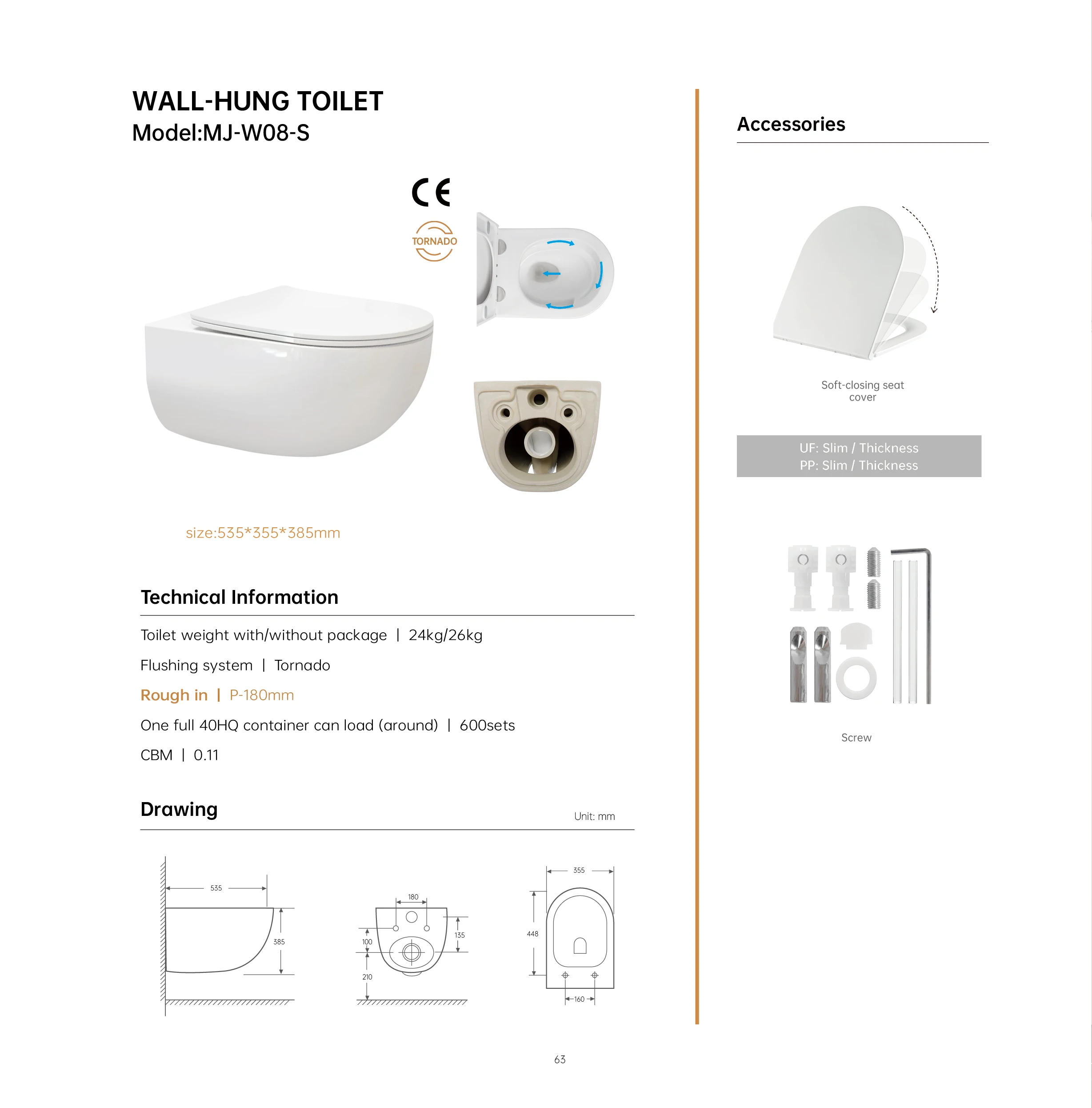 Modern  White Ceramic Wall-mounted WC One Piece Toilet Tornado Flushing Wall Hung Toilet for Home Bathroom