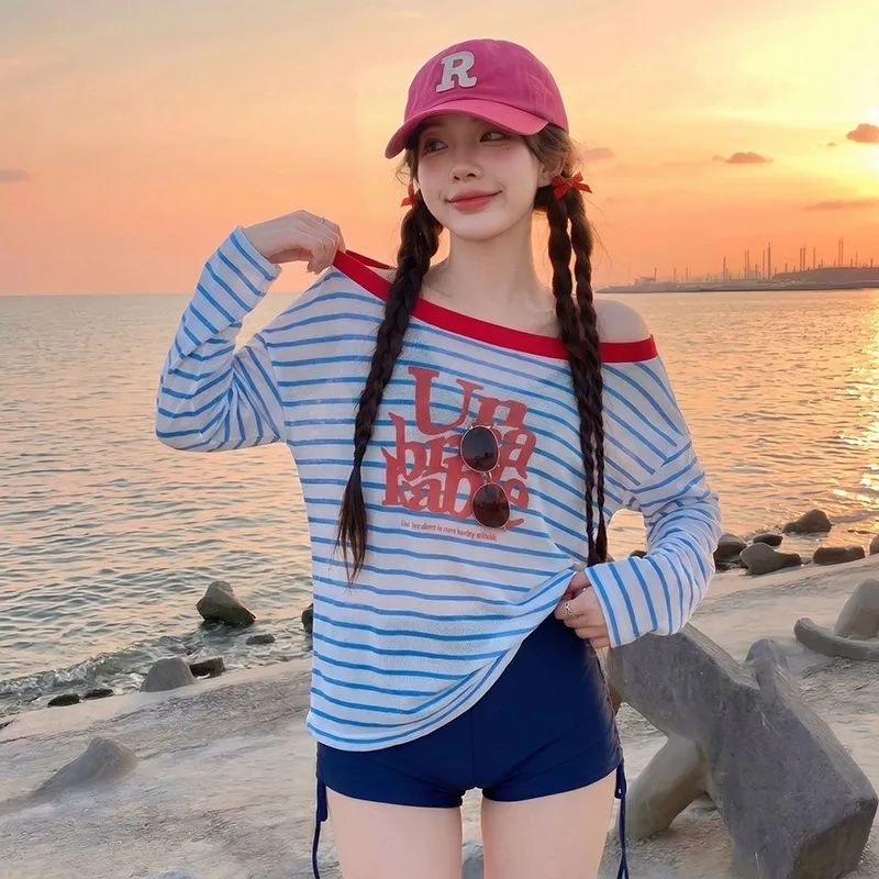 Women's New Three Piece Striped Sexy Swimsuit with Letter Printed Top Transparent Off Shoulder Beach Vacation Swimsuit