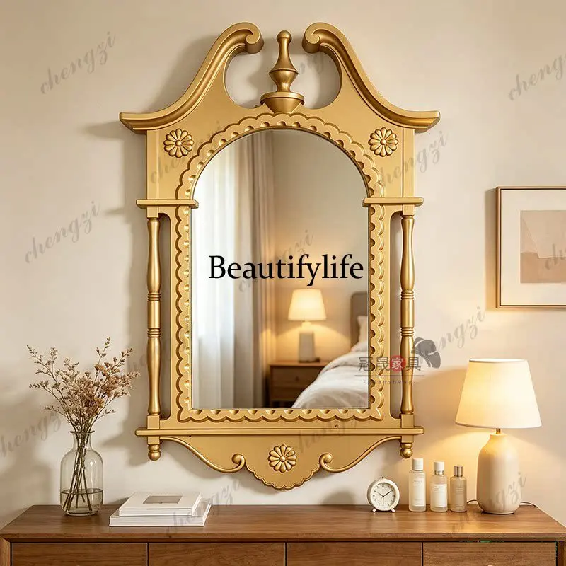 French retro bedroom makeup mirror wall-mounted bathroom carved bathroom mirror European living room luxury decorative mirror