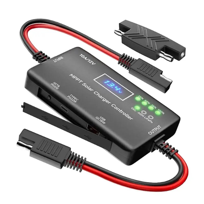 TFORU-For Lifepo4 AGM Gel Battery Support- 10A MPPT Solar Charge Controller 12V SAE Adapter Type-C& USB Output
