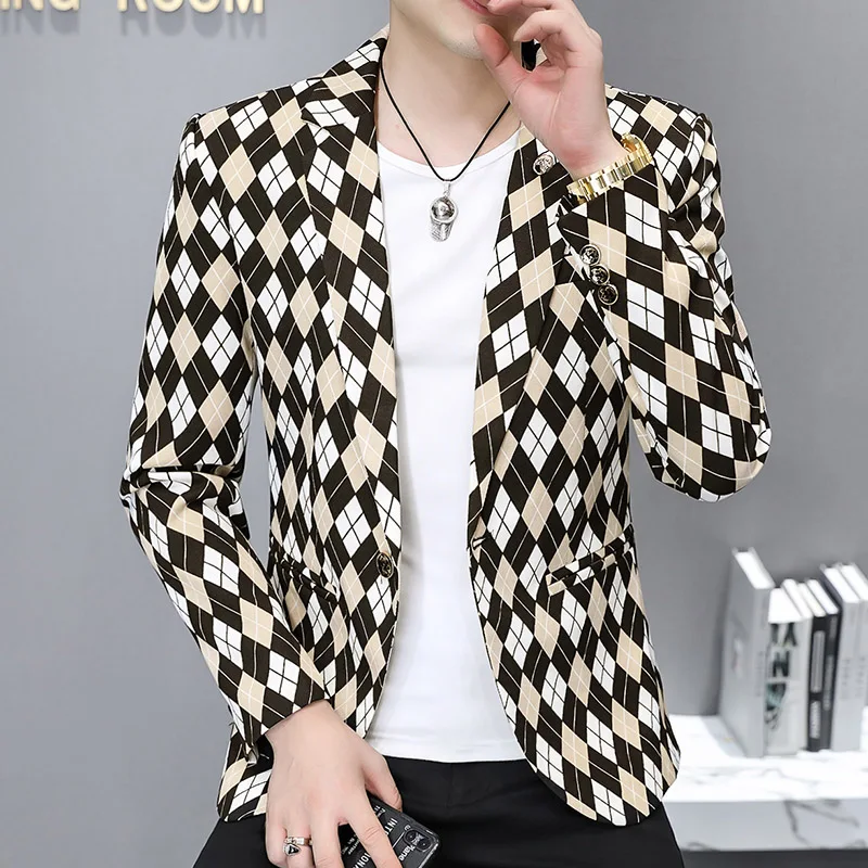 2022 Autumn New Green Lattice Casual Suit Coat Fashion Men Business Slim Fit Dress Suit Formal Social Party Tuxedo Blazers Homme