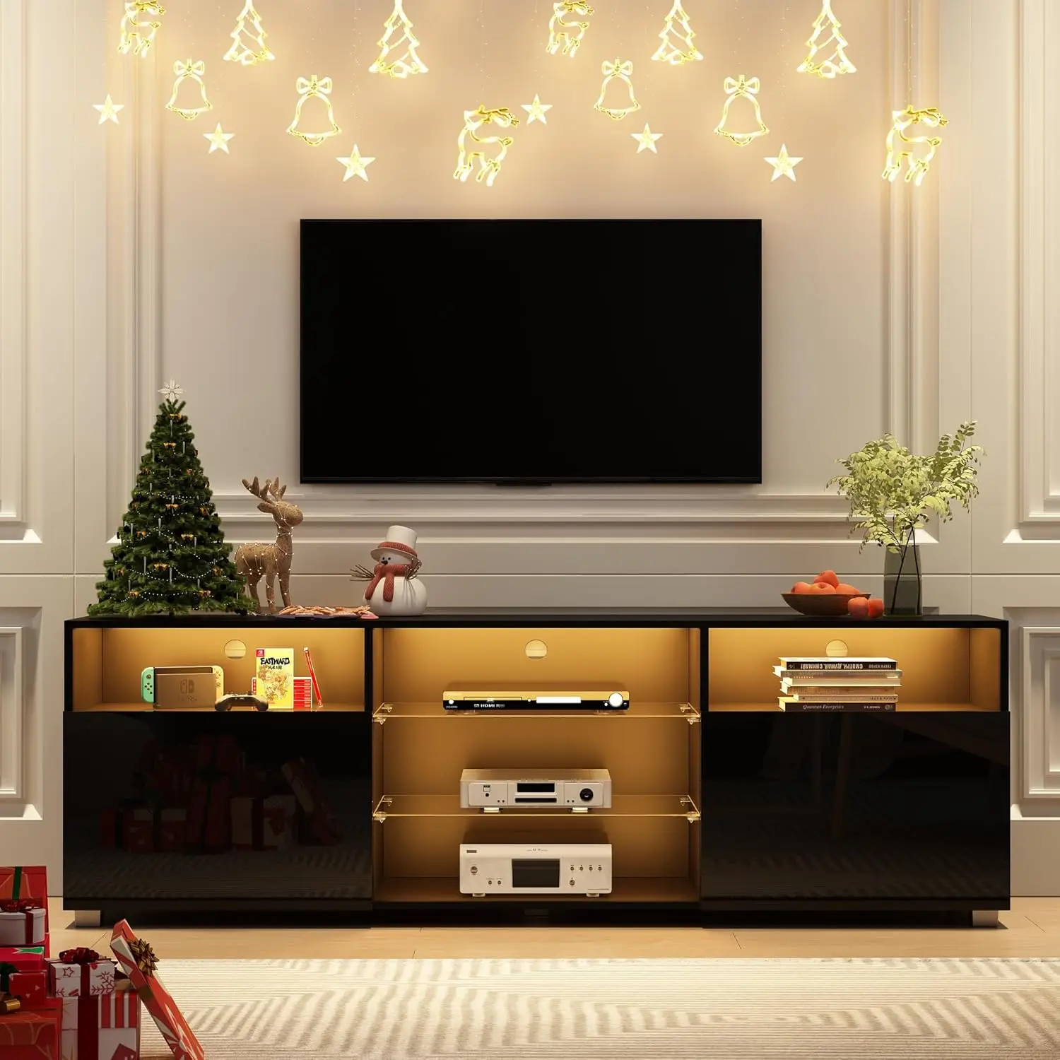 

65In Led Tv Stand For 65/70Inch Tv,High Glossy Bla Tv Stand For Living Room,Modern Gaming Entertainment Center With Adjustable
