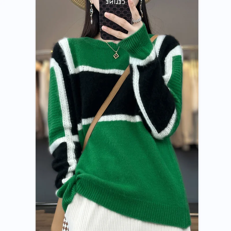 

100% Pure Wool Women's Sweater O-Neck Knitted Pullover Long Sleeve Sweater Women's Fashion Soft Color Matching Free Delivery