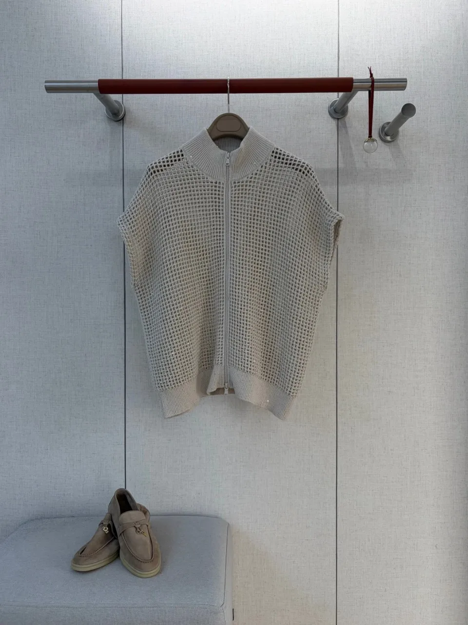  men's old money style 2026 spring/summer cotton-linen blend sequin mesh knit stand collar vest cardigan
