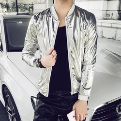 Shiny Silver Baseball Bomber Jacket Men Party Nightclub Stage Dance Prom Jacket Coat Fashion Hiphop Streetwear Costume Homme 3XL