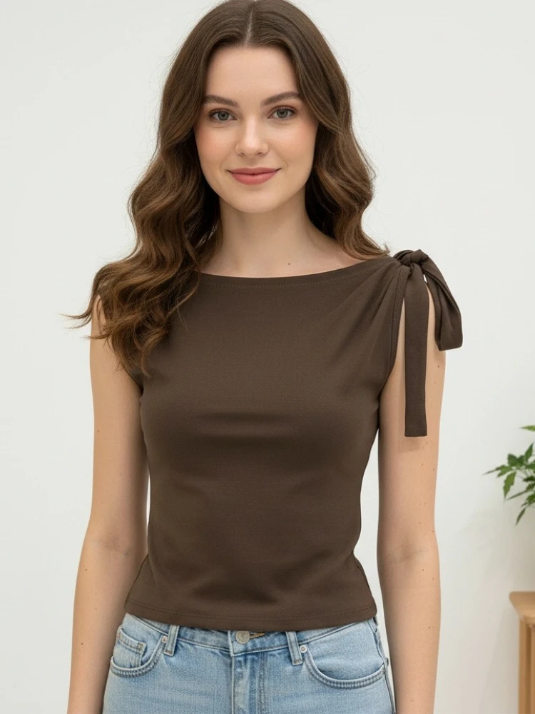 2026 Sommer Damen T-Shirt Trendiges High-Street-Oberteil Einfarbig mit Schleife Asymmetrische Schulter Sexy Modisches Figurbetontes Crop-Top